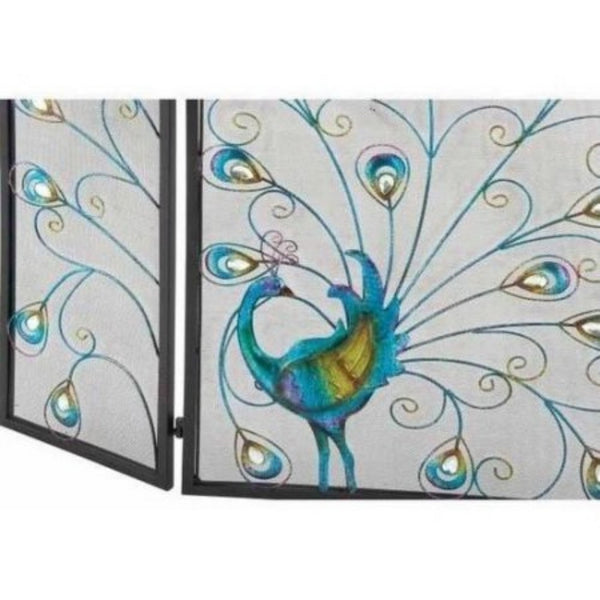 Peacock Theme Metal 3 Panel Mesh Fireplace Screen, Multicolor - BM04366