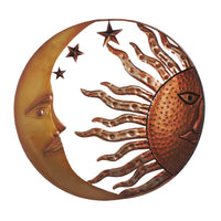 21 Inch Handcrafted Sun and Moon Accent Wall Decor, Round Metal Wall Mount, Rustic Gold, Bronze - BM05395