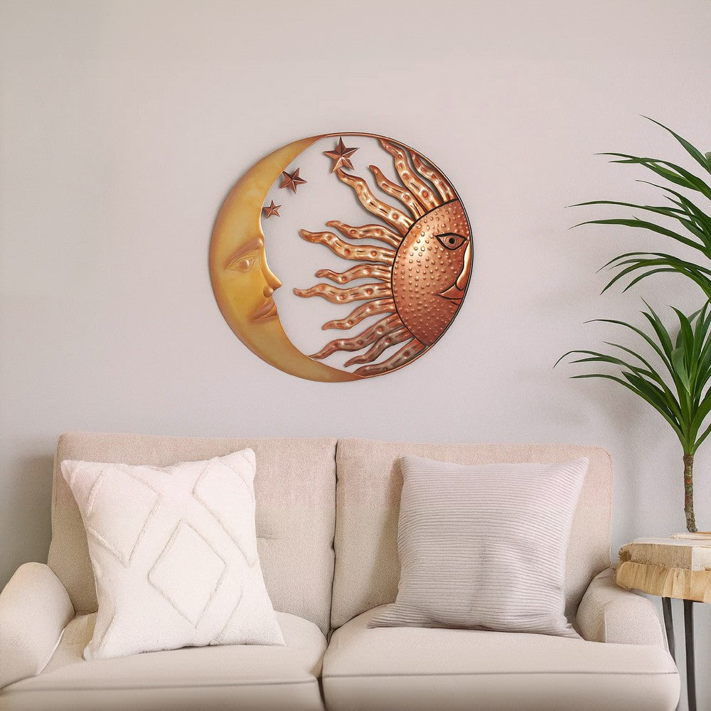 21 Inch Handcrafted Sun and Moon Accent Wall Decor, Round Metal Wall Mount, Rustic Gold, Bronze - BM05395