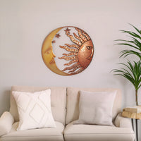 21 Inch Handcrafted Sun and Moon Accent Wall Decor, Round Metal Wall Mount, Rustic Gold, Bronze - BM05395