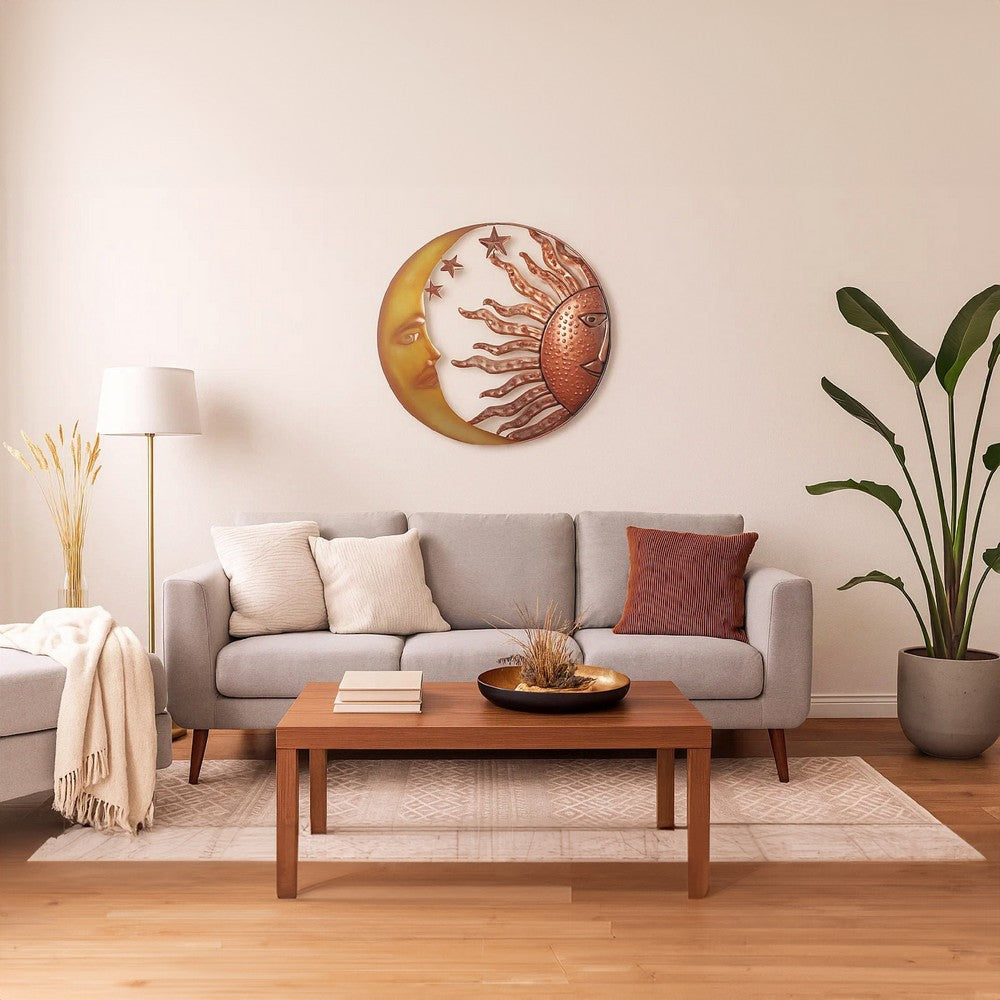 21 Inch Handcrafted Sun and Moon Accent Wall Decor, Round Metal Wall Mount, Rustic Gold, Bronze - BM05395