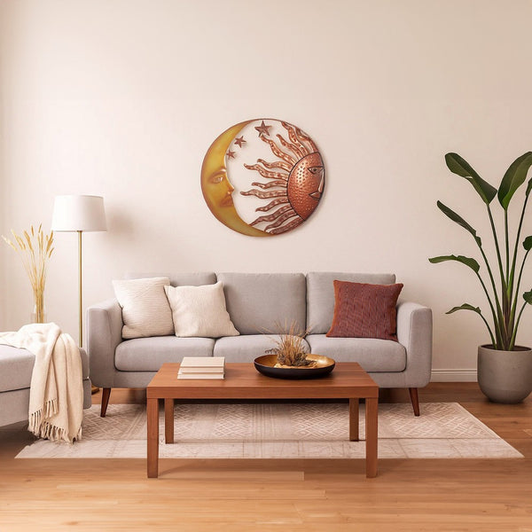 21 Inch Handcrafted Sun and Moon Accent Wall Decor, Round Metal Wall Mount, Rustic Gold, Bronze - BM05395