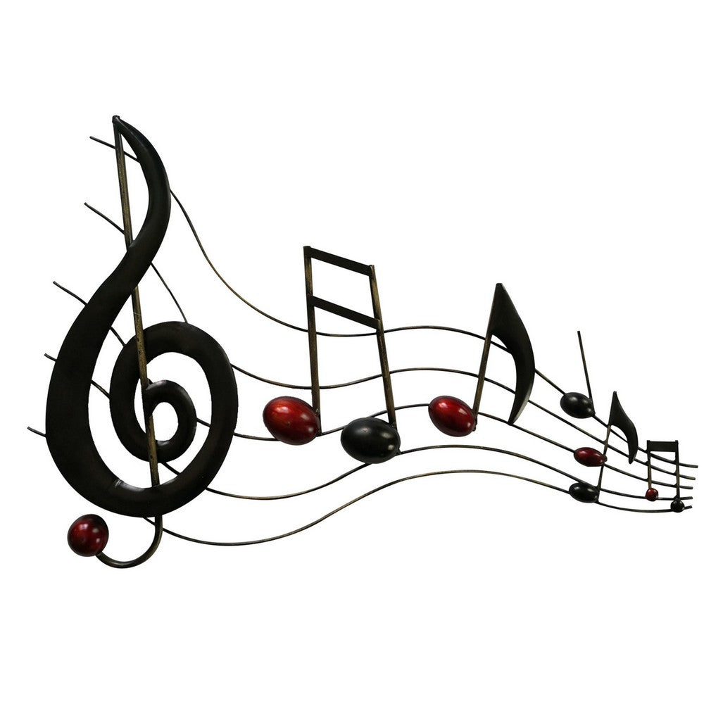 26 Inch Handmade Metal Wall Mount Accent Decor with Musical Notes and Treble Clef, Black, Red - BM05414