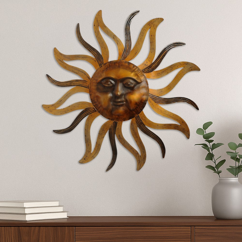 35 Inch Round Wall Mounted Sun Face Accent Decor, Carved Rustic Gold and Black Metal - BM07981