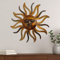 35 Inch Round Wall Mounted Sun Face Accent Decor, Carved Rustic Gold and Black Metal - BM07981