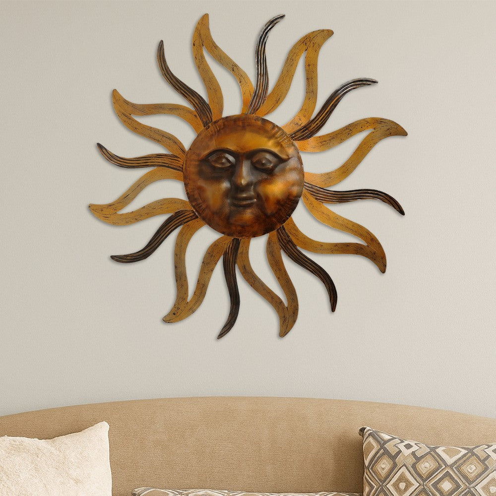 35 Inch Round Wall Mounted Sun Face Accent Decor, Carved Rustic Gold and Black Metal - BM07981