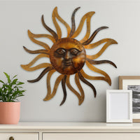 35 Inch Round Wall Mounted Sun Face Accent Decor, Carved Rustic Gold and Black Metal - BM07981