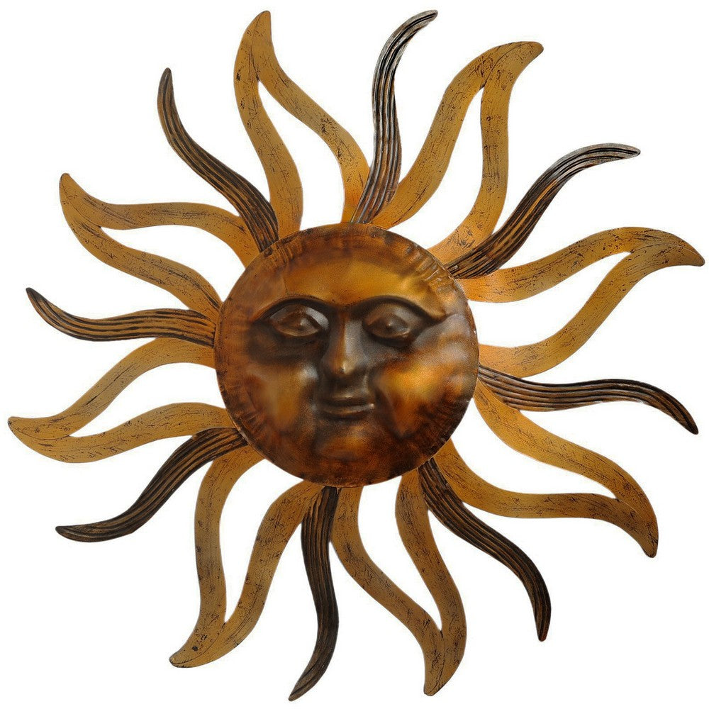 35 Inch Round Wall Mounted Sun Face Accent Decor, Carved Rustic Gold and Black Metal - BM07981