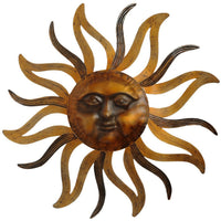 35 Inch Round Wall Mounted Sun Face Accent Decor, Carved Rustic Gold and Black Metal - BM07981