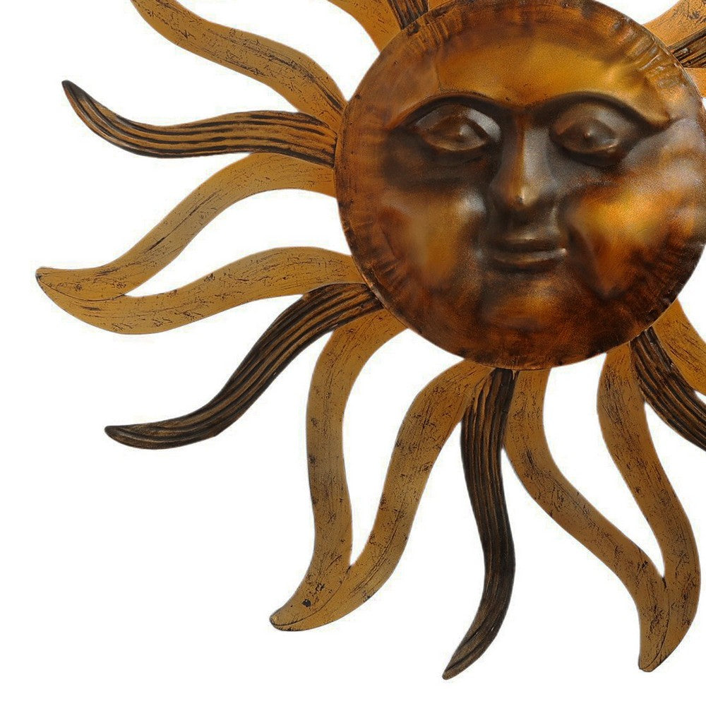 35 Inch Round Wall Mounted Sun Face Accent Decor, Carved Rustic Gold and Black Metal - BM07981