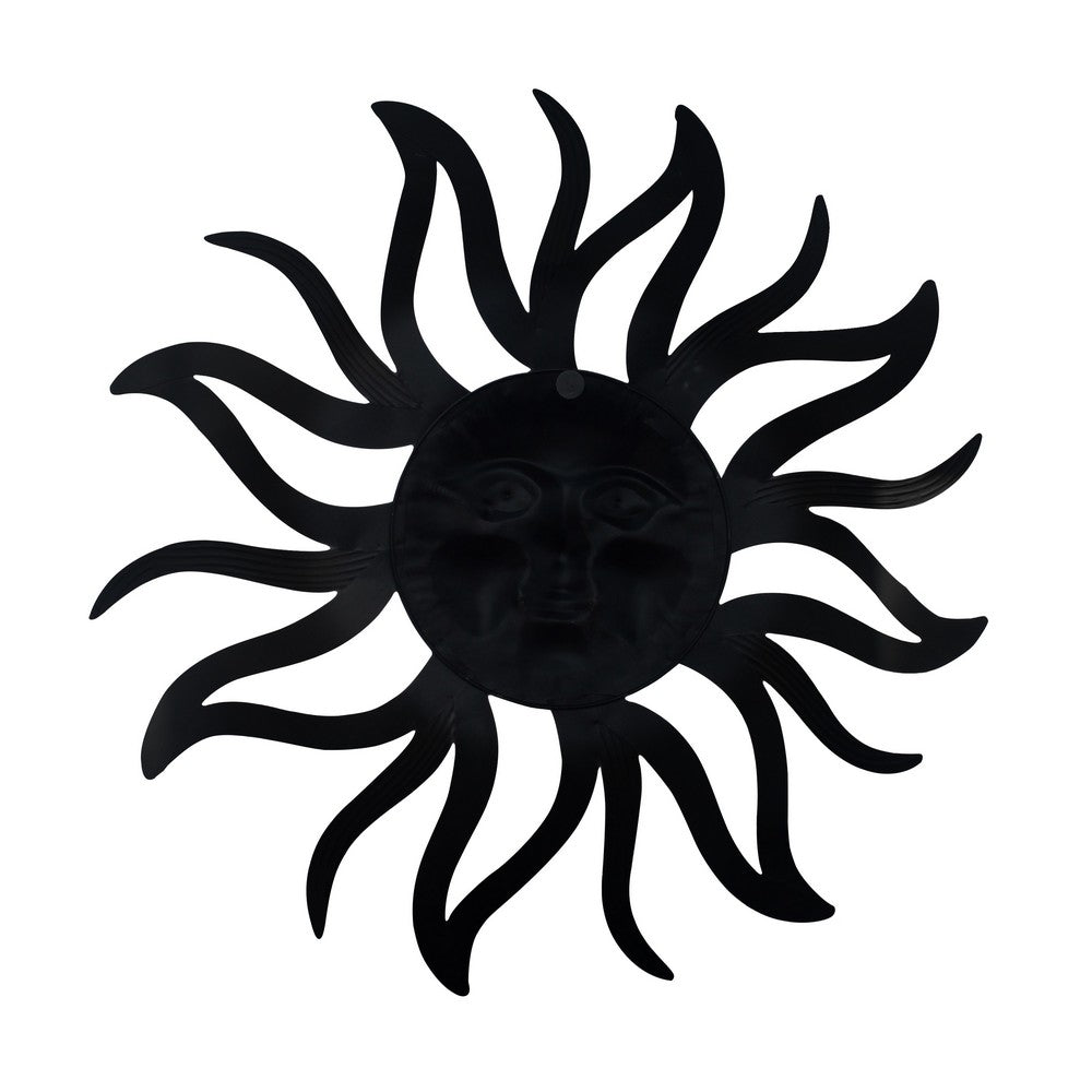 35 Inch Round Wall Mounted Sun Face Accent Decor, Carved Rustic Gold and Black Metal - BM07981