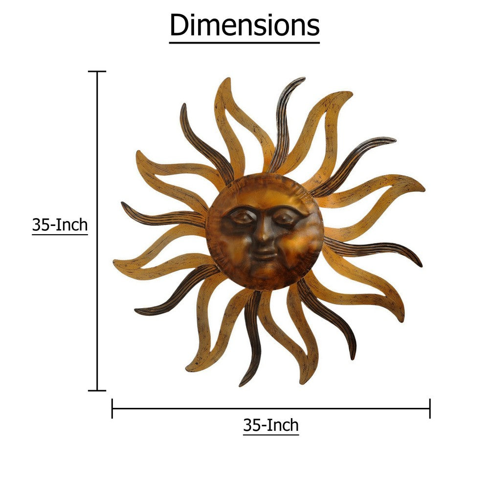 35 Inch Round Wall Mounted Sun Face Accent Decor, Carved Rustic Gold and Black Metal - BM07981
