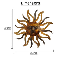 35 Inch Round Wall Mounted Sun Face Accent Decor, Carved Rustic Gold and Black Metal - BM07981