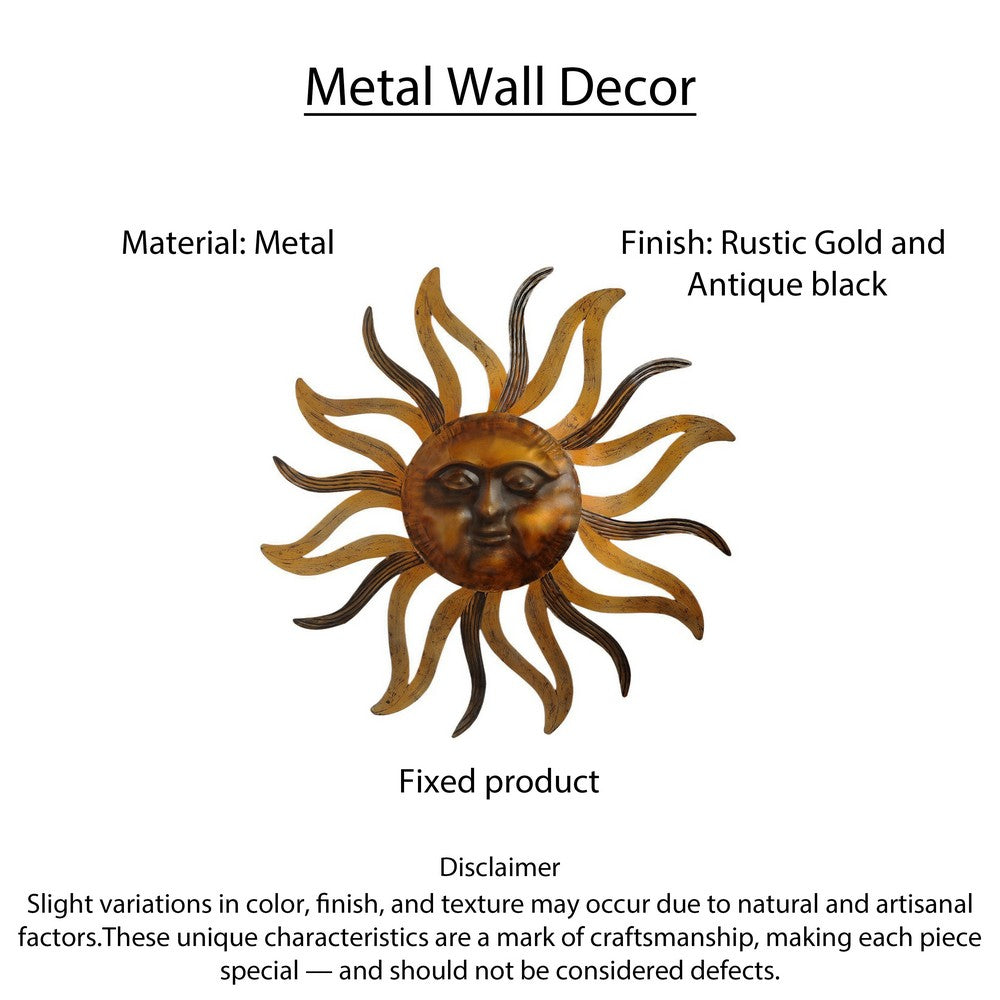 35 Inch Round Wall Mounted Sun Face Accent Decor, Carved Rustic Gold and Black Metal - BM07981