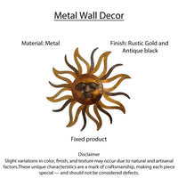 35 Inch Round Wall Mounted Sun Face Accent Decor, Carved Rustic Gold and Black Metal - BM07981