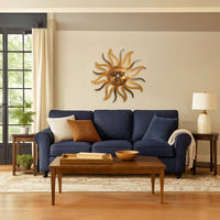 35 Inch Round Wall Mounted Sun Face Accent Decor, Carved Rustic Gold and Black Metal - BM07981