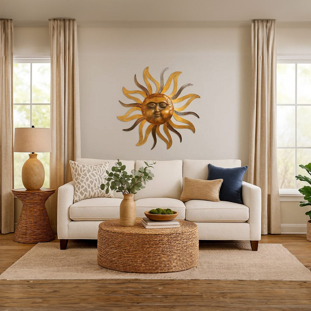 35 Inch Round Wall Mounted Sun Face Accent Decor, Carved Rustic Gold and Black Metal - BM07981