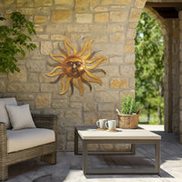 35 Inch Round Wall Mounted Sun Face Accent Decor, Carved Rustic Gold and Black Metal - BM07981