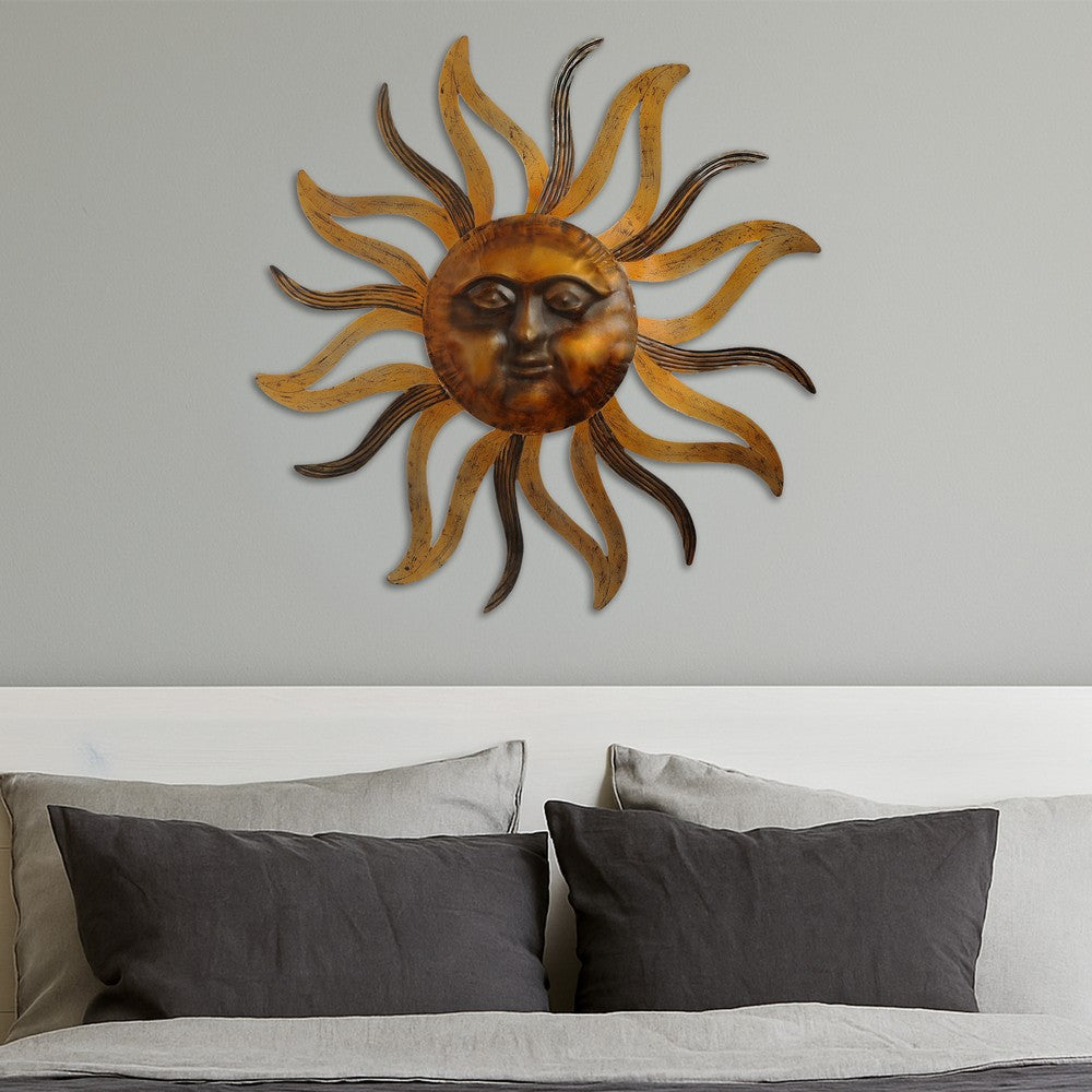 35 Inch Round Wall Mounted Sun Face Accent Decor, Carved Rustic Gold and Black Metal - BM07981
