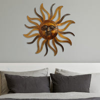 35 Inch Round Wall Mounted Sun Face Accent Decor, Carved Rustic Gold and Black Metal - BM07981