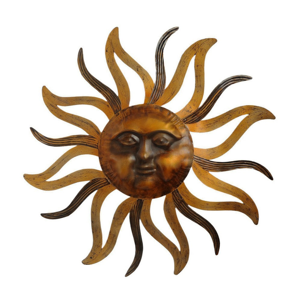 35 Inch Round Wall Mounted Sun Face Accent Decor, Carved Rustic Gold and Black Metal - BM07981