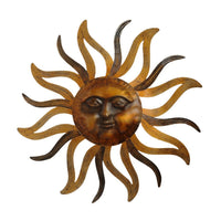 35 Inch Round Wall Mounted Sun Face Accent Decor, Carved Rustic Gold and Black Metal - BM07981