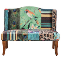 45 Inch Settee Loveseat Bench, Handcrafted Wingback Design, Bird Collage Print Velvet Fabric, Multicolor - BM154764