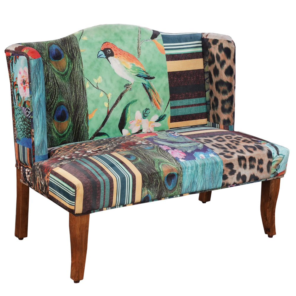 45 Inch Settee Loveseat Bench, Handcrafted Wingback Design, Bird Collage Print Velvet Fabric, Multicolor - BM154764