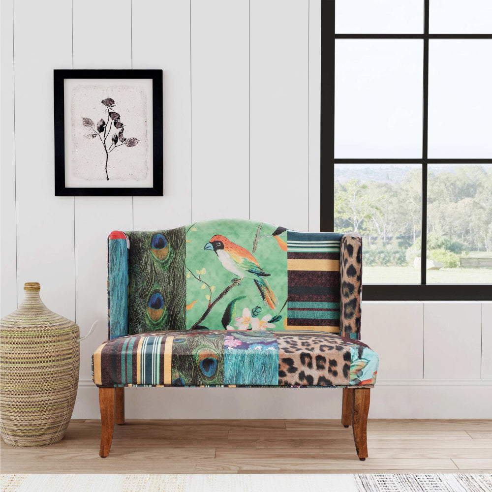 45 Inch Settee Loveseat Bench, Handcrafted Wingback Design, Bird Collage Print Velvet Fabric, Multicolor - BM154764