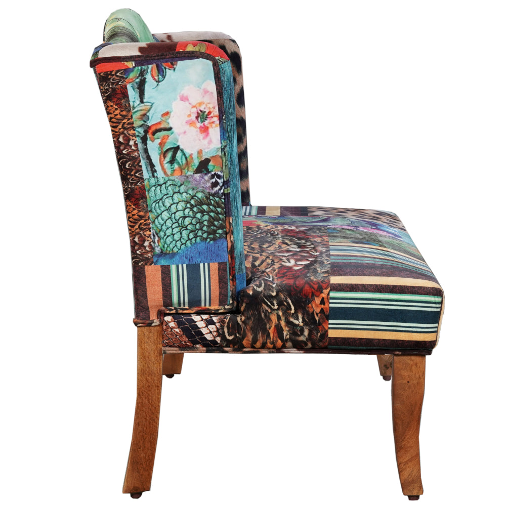 45 Inch Settee Loveseat Bench, Handcrafted Wingback Design, Bird Collage Print Velvet Fabric, Multicolor - BM154764