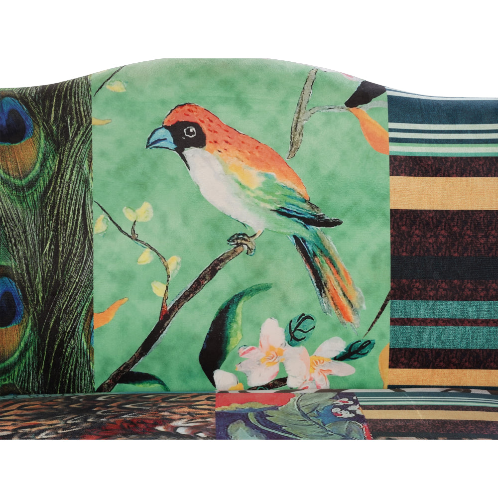 45 Inch Settee Loveseat Bench, Handcrafted Wingback Design, Bird Collage Print Velvet Fabric, Multicolor - BM154764