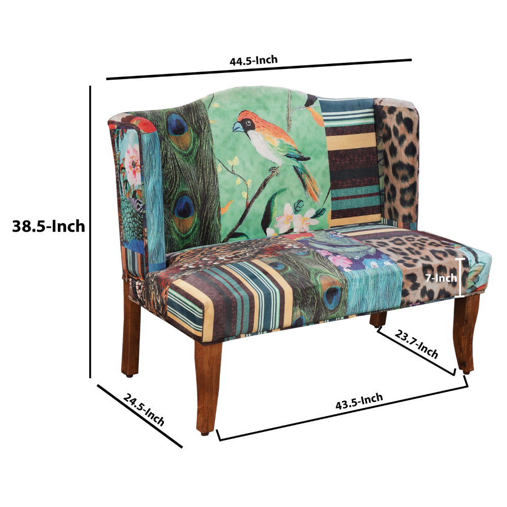 45 Inch Settee Loveseat Bench, Handcrafted Wingback Design, Bird Collage Print Velvet Fabric, Multicolor - BM154764