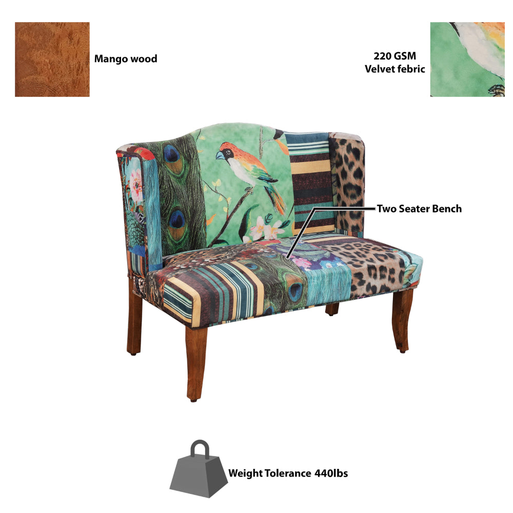 45 Inch Settee Loveseat Bench, Handcrafted Wingback Design, Bird Collage Print Velvet Fabric, Multicolor - BM154764