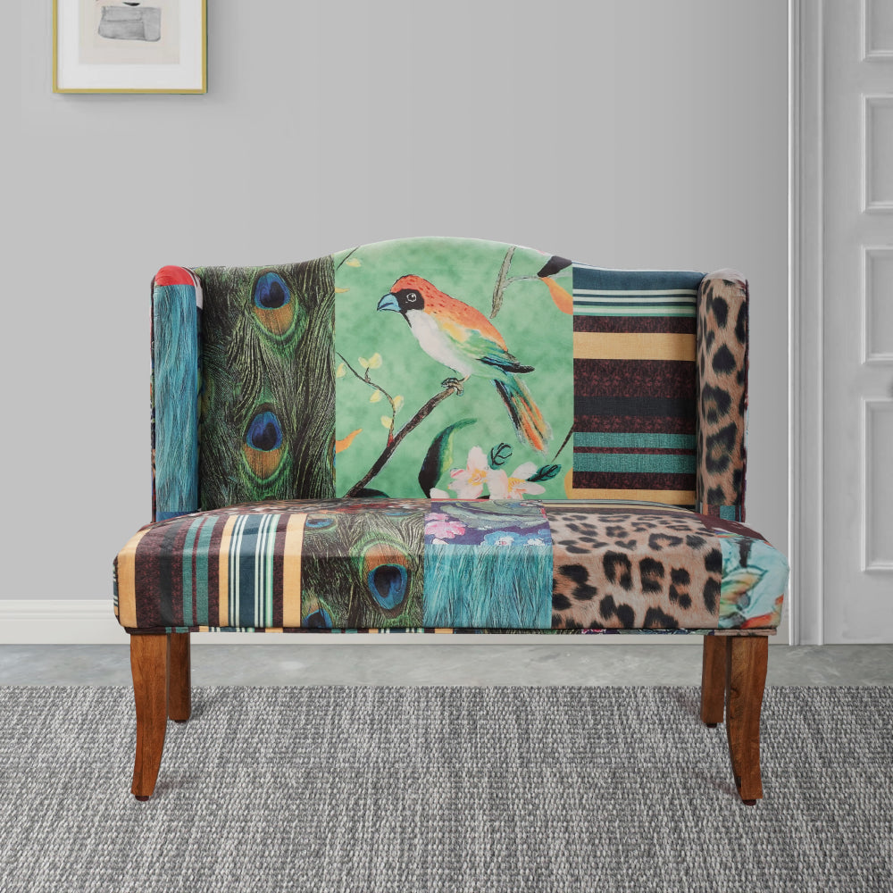 45 Inch Settee Loveseat Bench, Handcrafted Wingback Design, Bird Collage Print Velvet Fabric, Multicolor - BM154764