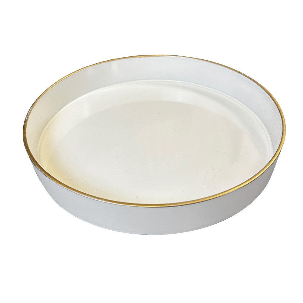 Mimosa Plastic Round Tray, Gold Accented Trims, Glossy White - BM152860