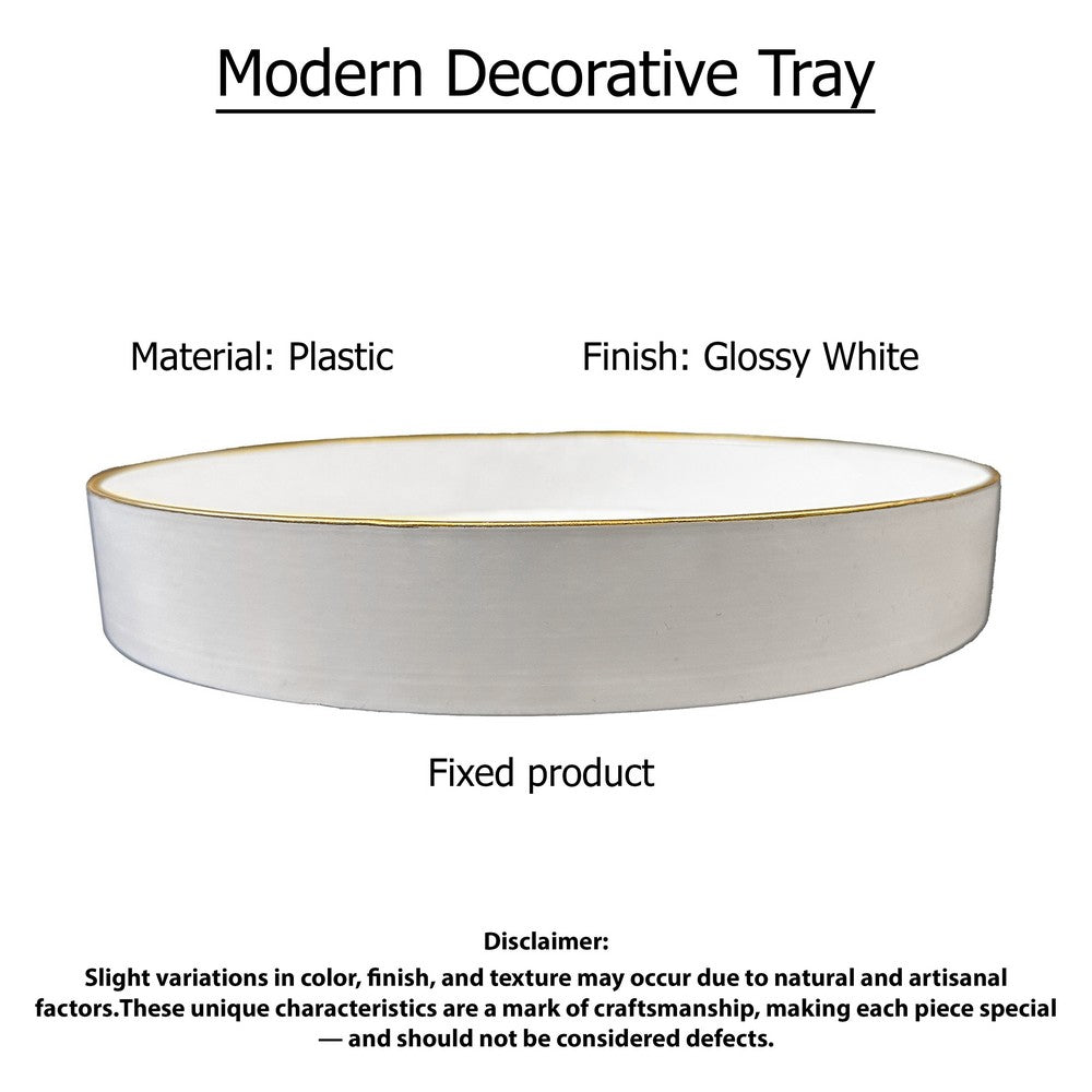Mimosa Plastic Round Tray, Gold Accented Trims, Glossy White - BM152860