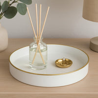 Mimosa Plastic Round Tray, Gold Accented Trims, Glossy White - BM152860