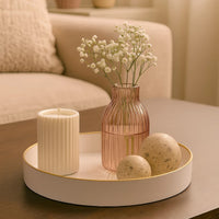 Mimosa Plastic Round Tray, Gold Accented Trims, Glossy White - BM152860