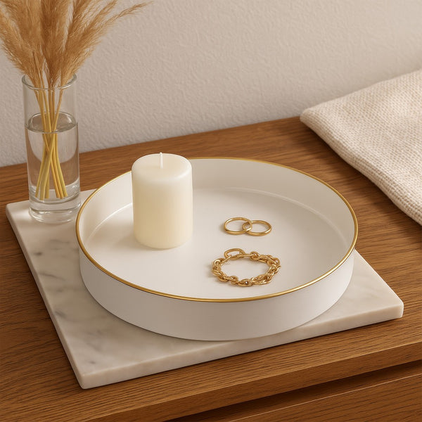 Mimosa Plastic Round Tray, Gold Accented Trims, Glossy White - BM152860