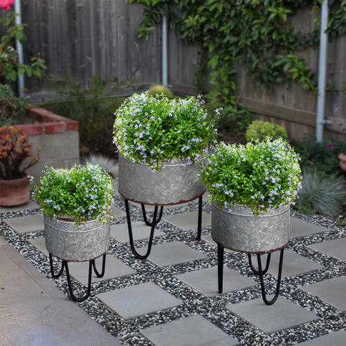 iron pots for plants Benjara Galvanized Sheet Planter Tubs, Iron Powder Coated Hairpin Legs, Set  of 3, Gray, Black - BM154147