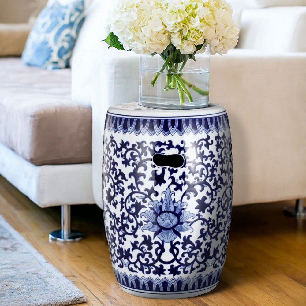 11 Inch Garden Stool, Ceramic Drum Shape, Blue, White Floral Pattern - ABH-D69818