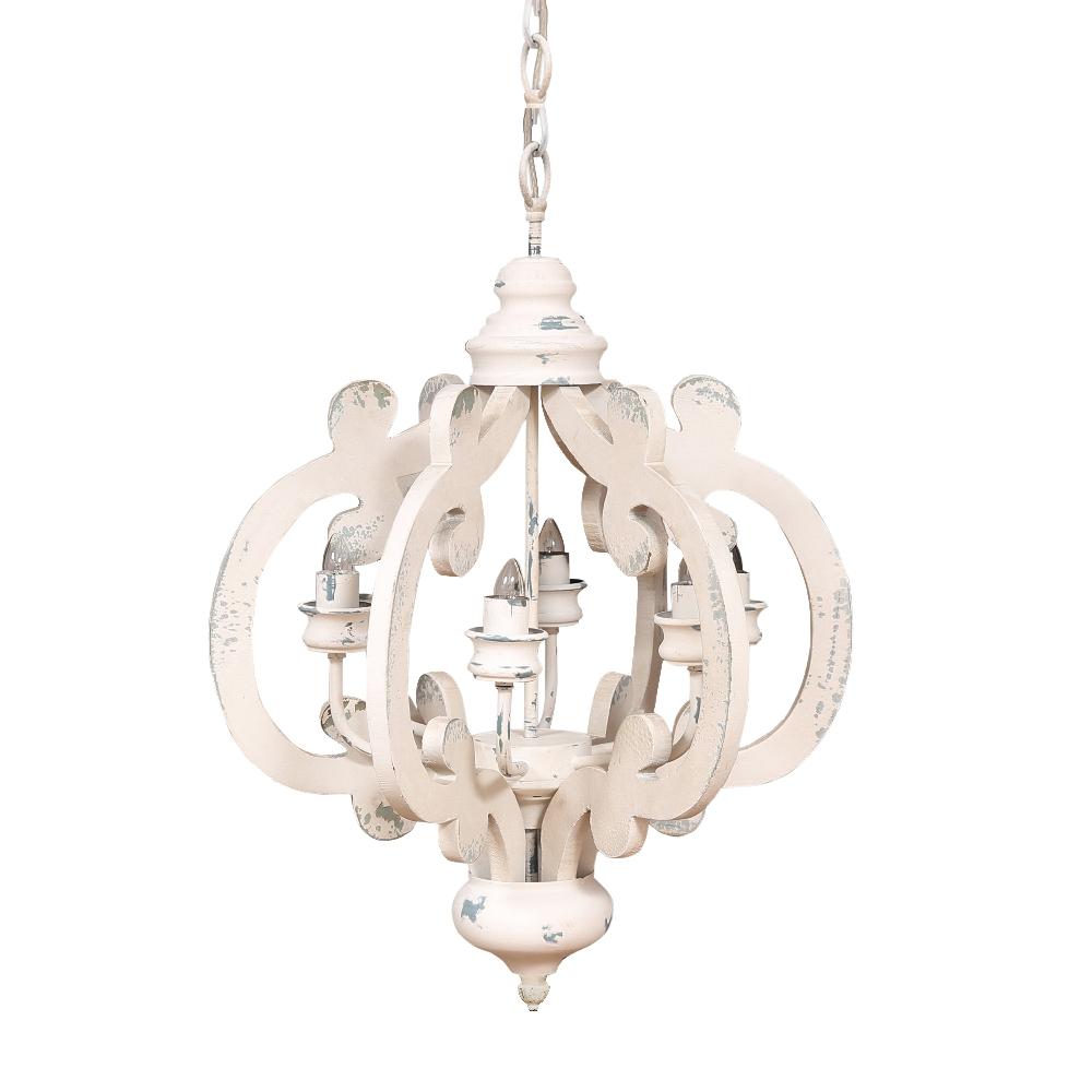 Maci 25 Inch 6 Light Vintage Crown Chandelier, Cottage Chic Distressed White Mango Wood - BM147073