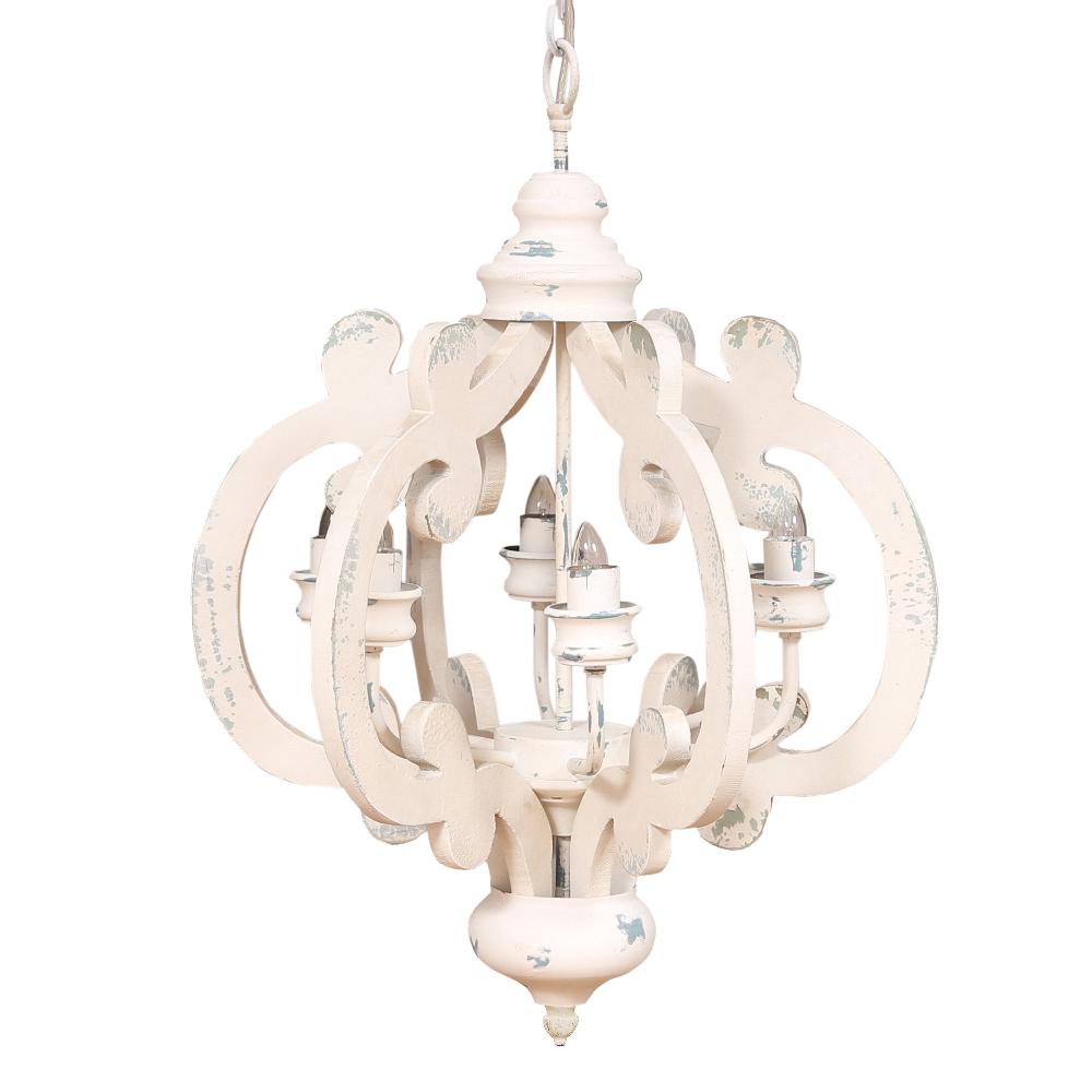 Maci 25 Inch 6 Light Vintage Crown Chandelier, Cottage Chic Distressed White Mango Wood - BM147073