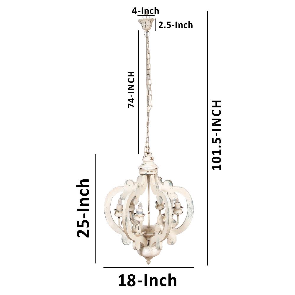 Maci 25 Inch 6 Light Vintage Crown Chandelier, Cottage Chic Distressed White Mango Wood - BM147073