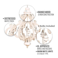 Maci 25 Inch 6 Light Vintage Crown Chandelier, Cottage Chic Distressed White Mango Wood - BM147073