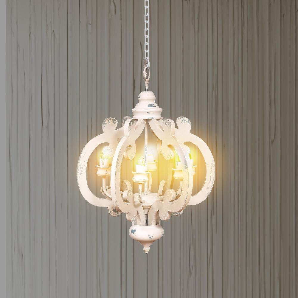 Maci 25 Inch 6 Light Vintage Crown Chandelier, Cottage Chic Distressed White Mango Wood - BM147073