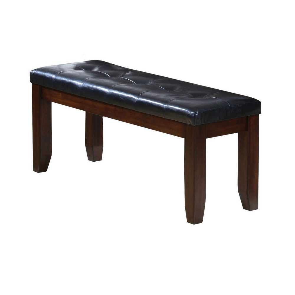 Leather Upholstered Wooden Bench With Tufted Seat, Espresso Brown & Black - AMF-04625