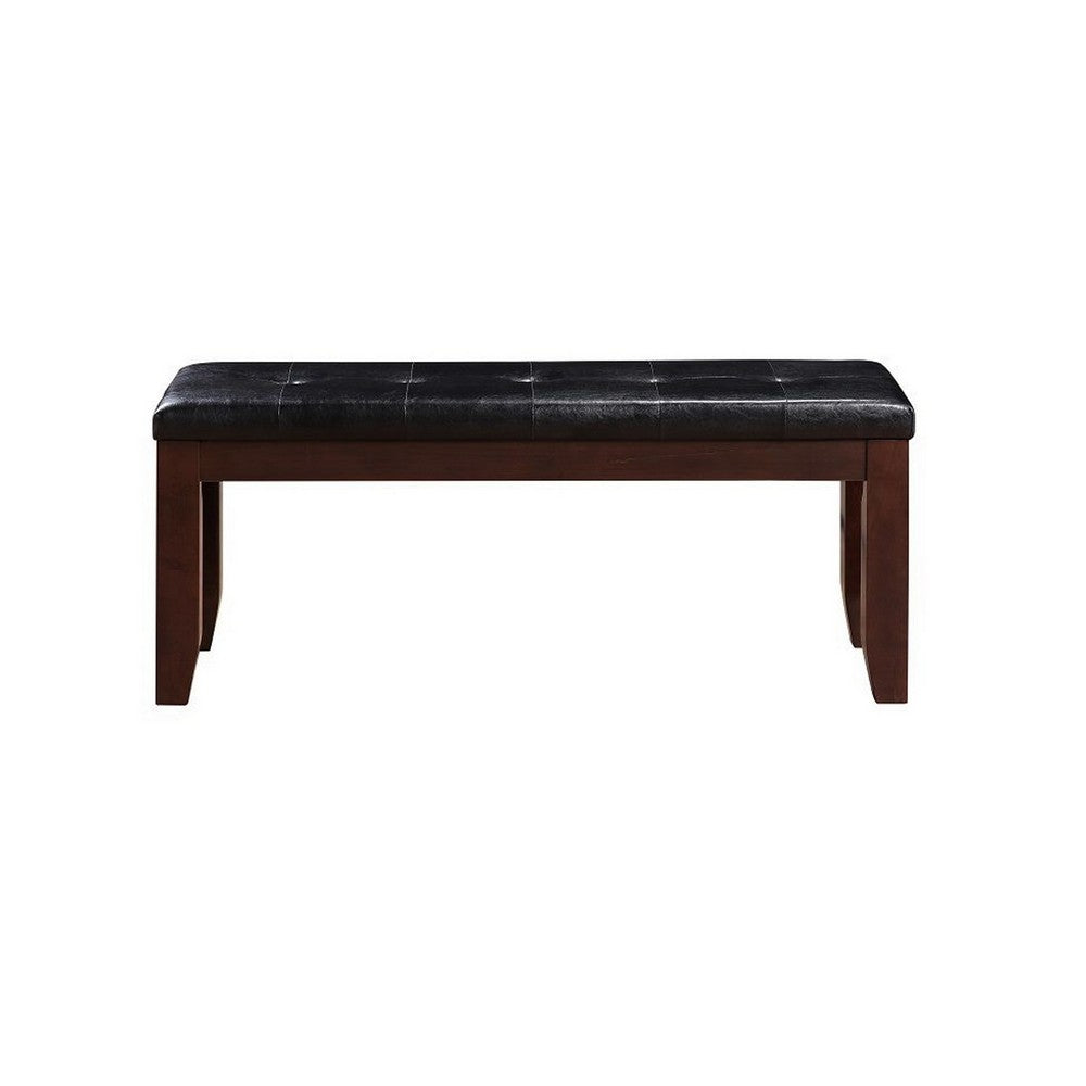 Leather Upholstered Wooden Bench With Tufted Seat, Espresso Brown & Black - AMF-04625
