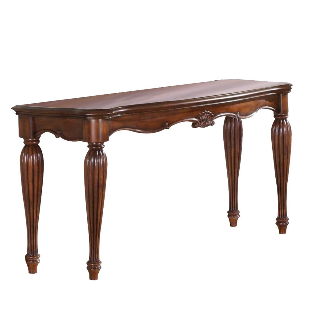 BM185844 Wooden Sofa Table with Carved Details, Cherry Brown