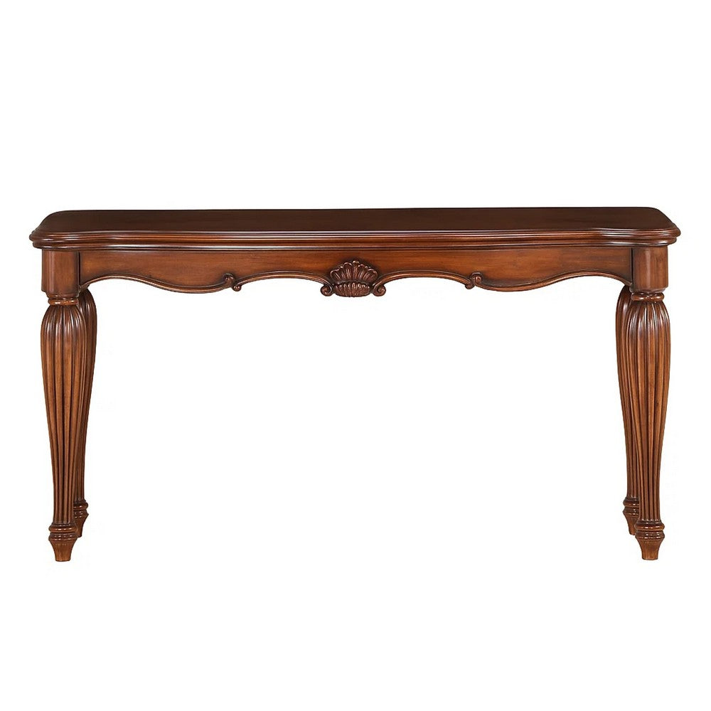 BM185844 Wooden Sofa Table with Carved Details, Cherry Brown